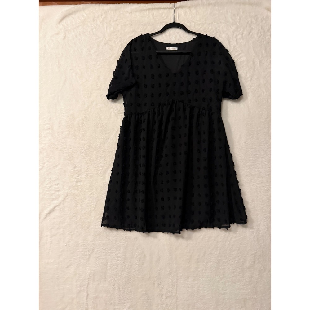 Kirundo Black Swiss Dot V-Neck Babydoll Mini Dress Short Sleeve Size S 7078
